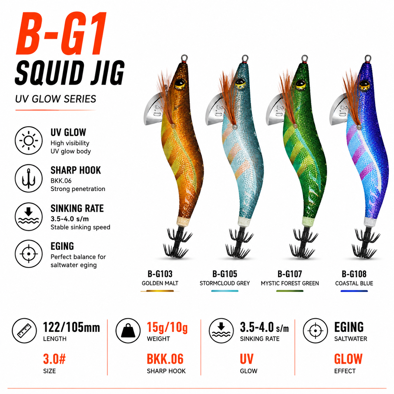 BG1 UV Glow Squid Jig Egi — Size 2.5 & 3.0 | Storm Cloud / Coastal Blue / Golden Malt / Forest Green