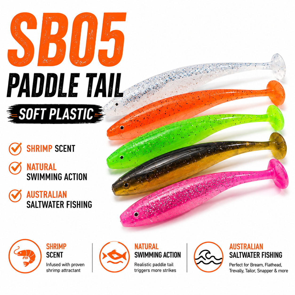 Paddle Tail Soft Plastic Lure SB05 Shrimp Scent 10 Pack — Strike Reef Australian Saltwater