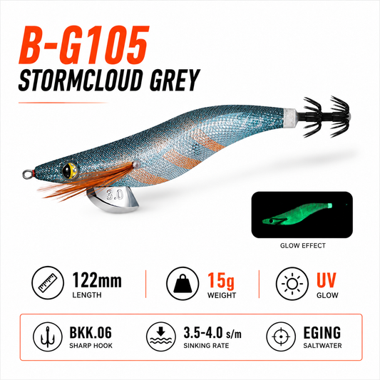 BG1 UV Glow Squid Jig Egi — Size 2.5 & 3.0 | Storm Cloud / Coastal Blue / Golden Malt / Forest Green