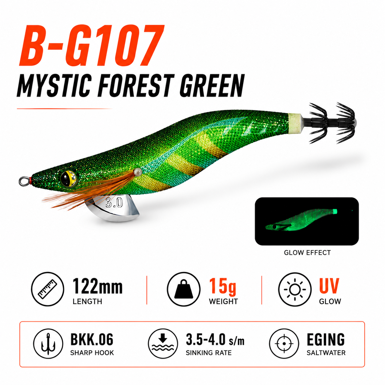 BG1 UV Glow Squid Jig Egi — Size 2.5 & 3.0 | Storm Cloud / Coastal Blue / Golden Malt / Forest Green