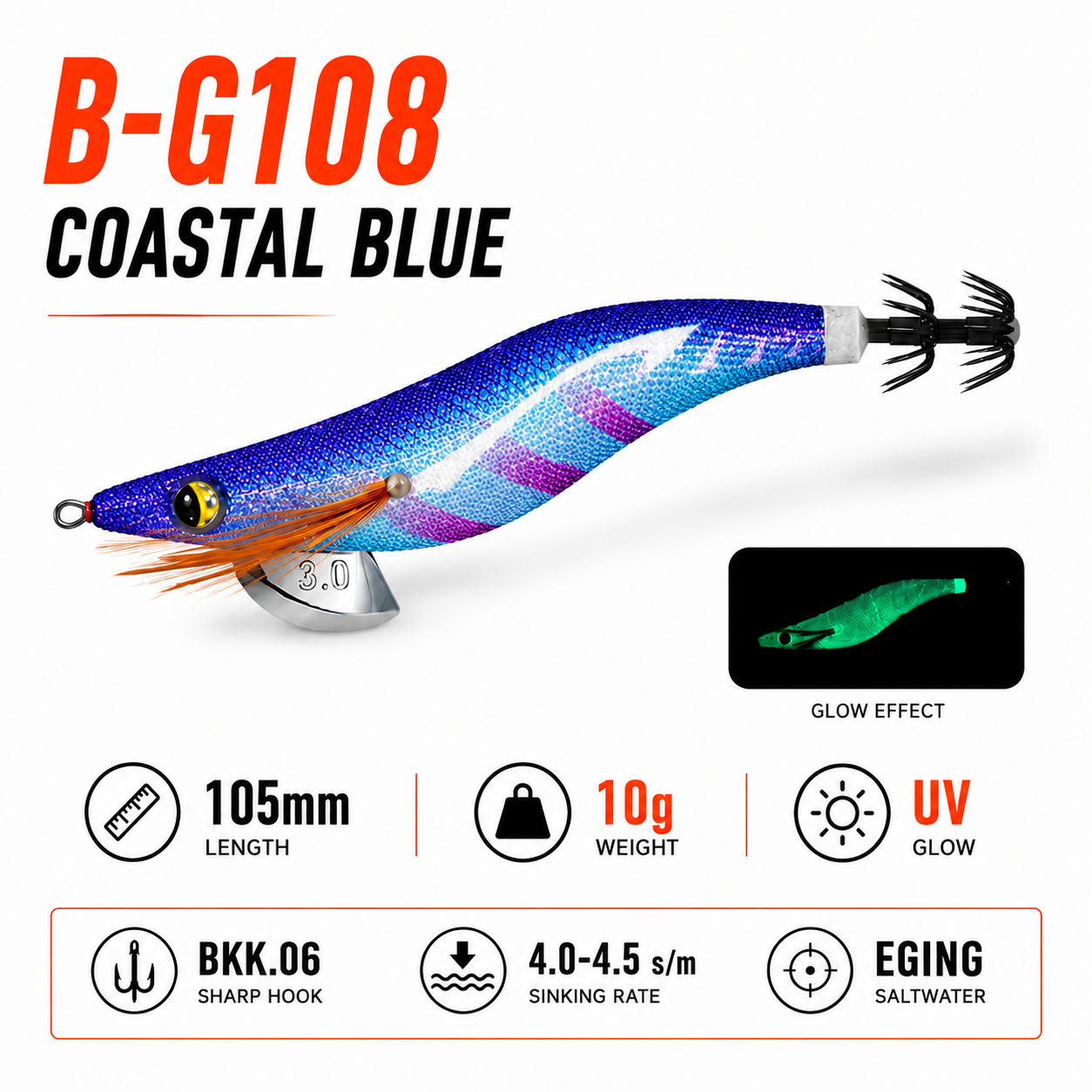 BG1 UV Glow Squid Jig Egi — Size 2.5 & 3.0 | Storm Cloud / Coastal Blue / Golden Malt / Forest Green