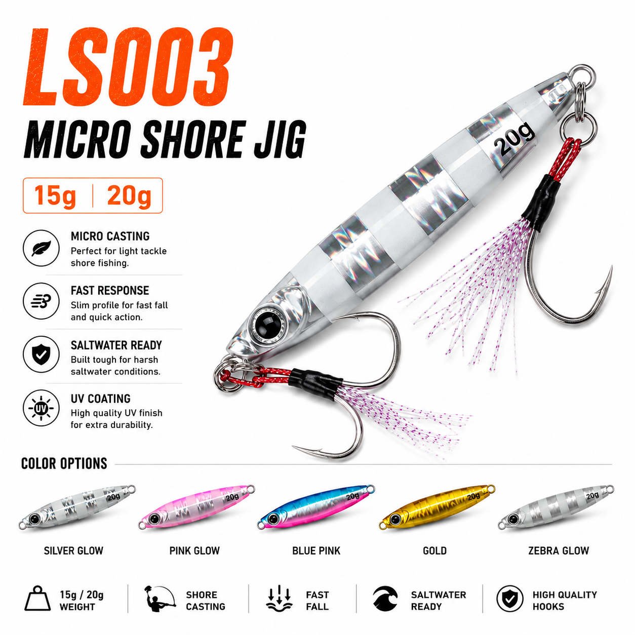 Shore Metal Jig LS003 Holographic Glow Lure — Strike Reef Saltwater Fishing